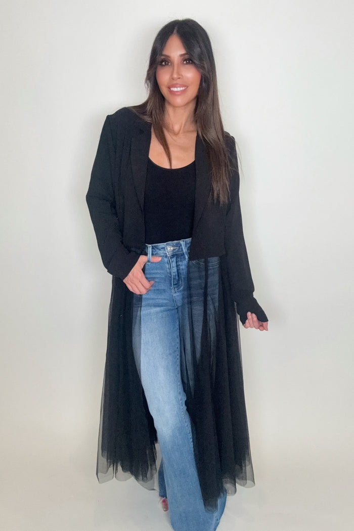 Style the Black Mesh Cardigan Blazer exclusively at Born To Glam