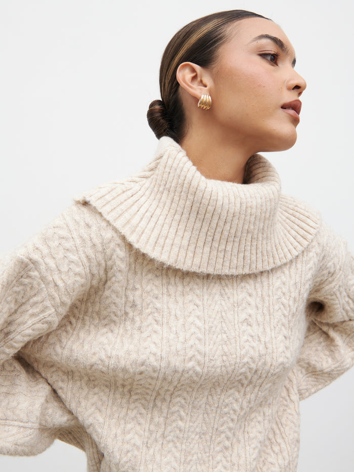Lana is 5.9.5" & Wears Size UK S|Blossom Cable Knit Exaggerated Roll Neck Jumper - Light Beige