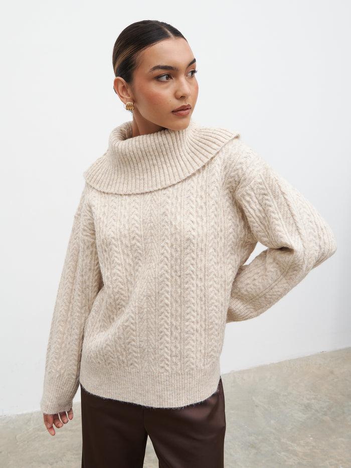Lana is 5.9.5" & Wears Size UK S|Blossom Cable Knit Exaggerated Roll Neck Jumper - Light Beige