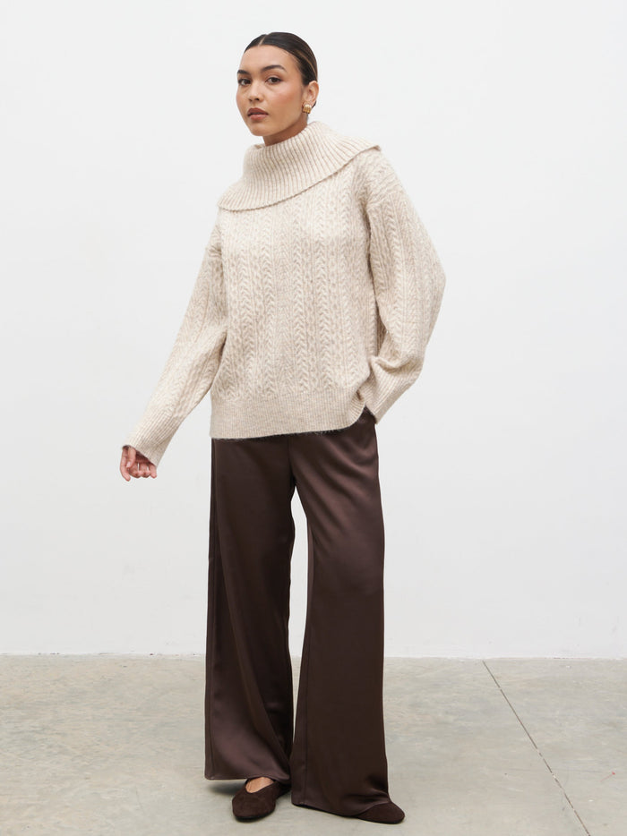 Lana is 5.9.5" & Wears Size UK S|Blossom Cable Knit Exaggerated Roll Neck Jumper - Light Beige