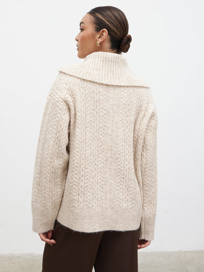 Lana is 5.9.5" & Wears Size UK S|Blossom Cable Knit Exaggerated Roll Neck Jumper - Light Beige