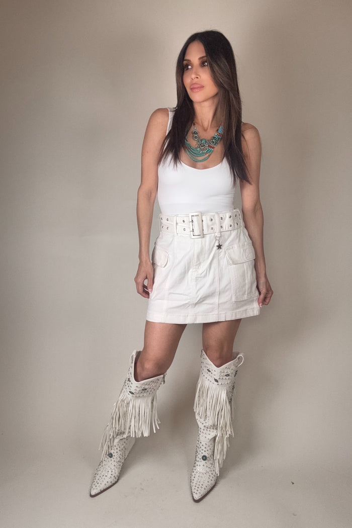 Style the Blue B Cargo Belted Buckle Utility Pocket Mini Skirt exclusively at Born To Glam