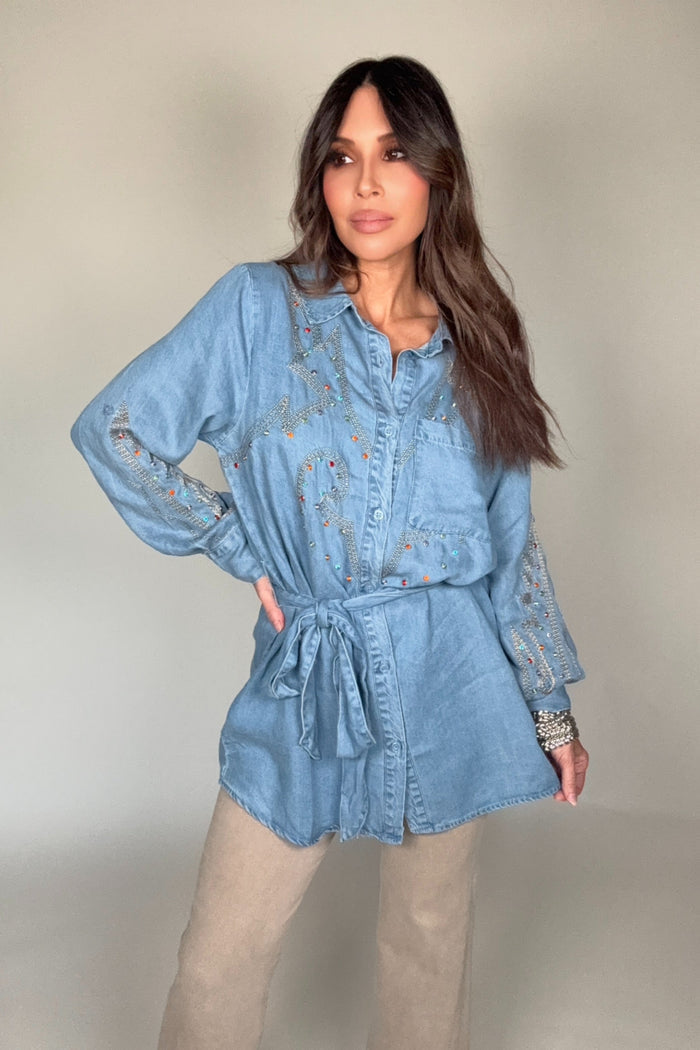 Style the Blue B Denim Tencel Embroidered Studded Tunic exclusively at Born To Glam