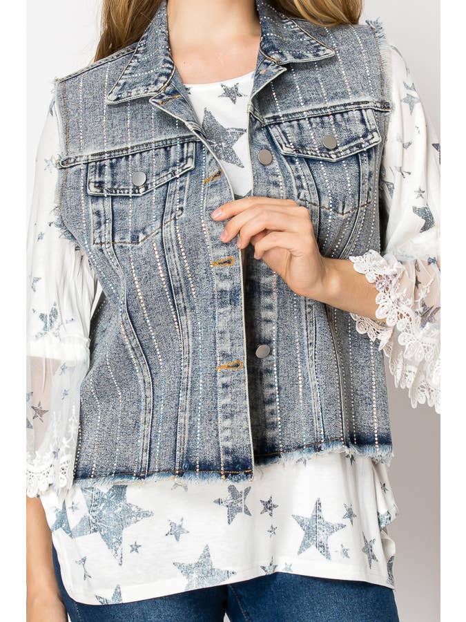 Style the Blue Crystal Stripe Denim Vest exclusively at Born To Glam