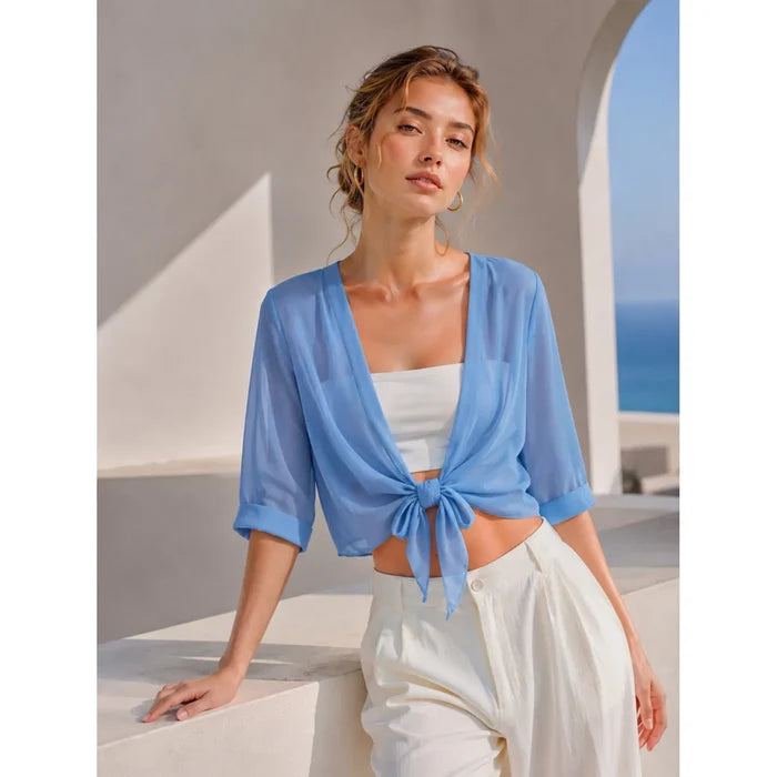 Blue Sheer Tie Front Top - Born To Glam