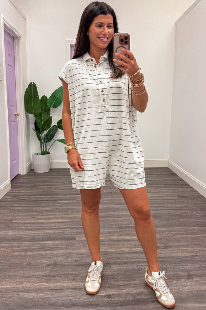 oatmeal and brown striped button front polo style sleeveless knit romper