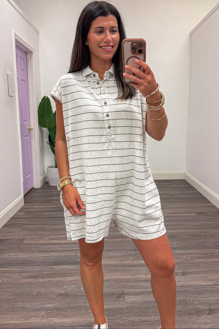 oatmeal and brown striped button front polo style collared neckline sleeveless knit romper