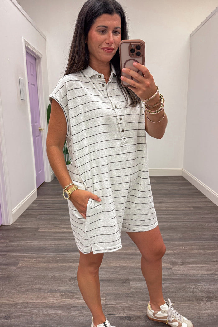 oatmeal and brown striped button front polo style sleeveless knit romper with side pockets