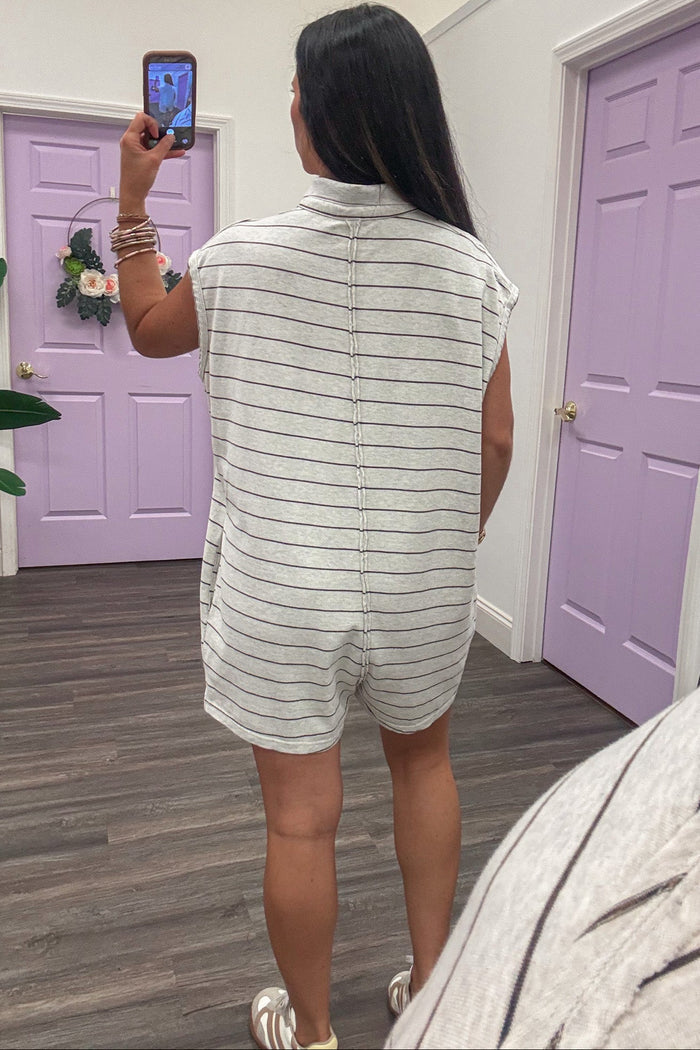 oatmeal and brown striped button front polo style sleeveless wide leg knit romper