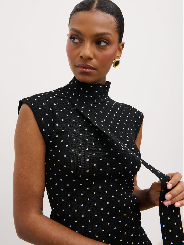 Montanna is 5'7" & Wears Size UK XS|Bonnie Polka Dot High Neck Top - Black and Cream