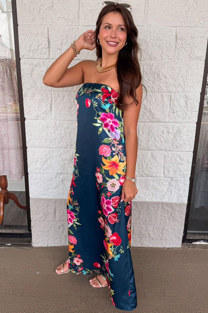 navy with colorful border floral print strapless satin maxi dress