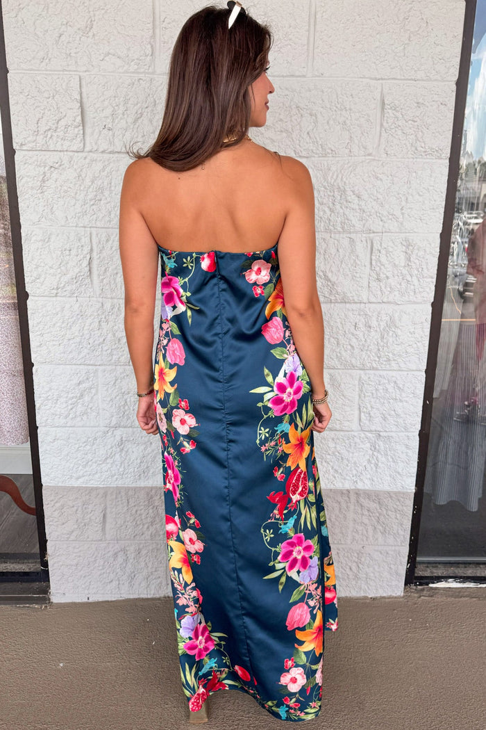 navy with multicolored border floral print strapless back zipper closure satin maxi dress