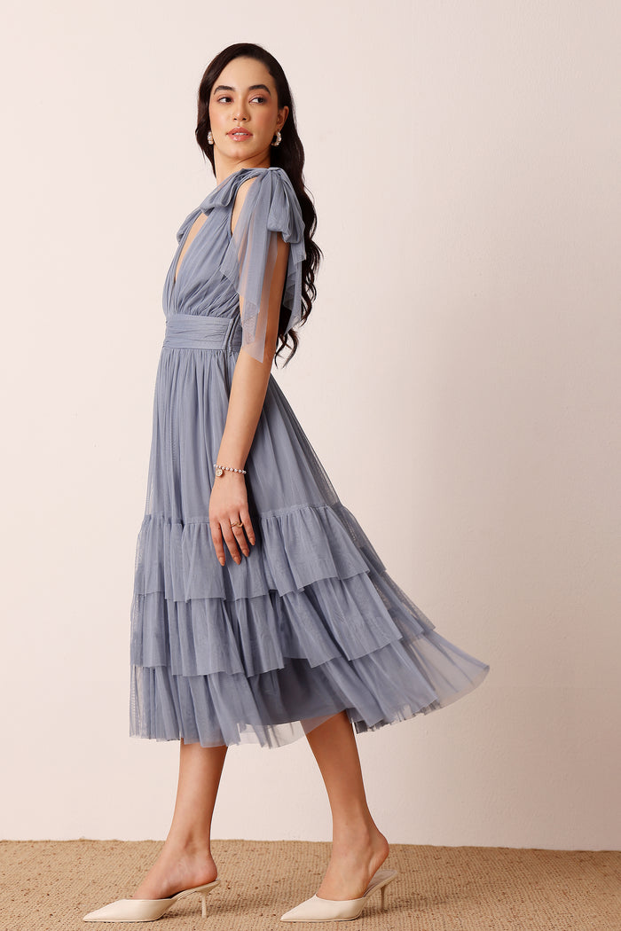 Bow Shoulder Madison Tulle Midi Dress in Dusty Blue
