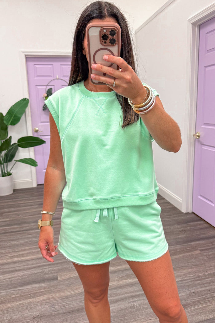 mint green crew neckline muscle tank top and shorts matching terry knit athleisure set