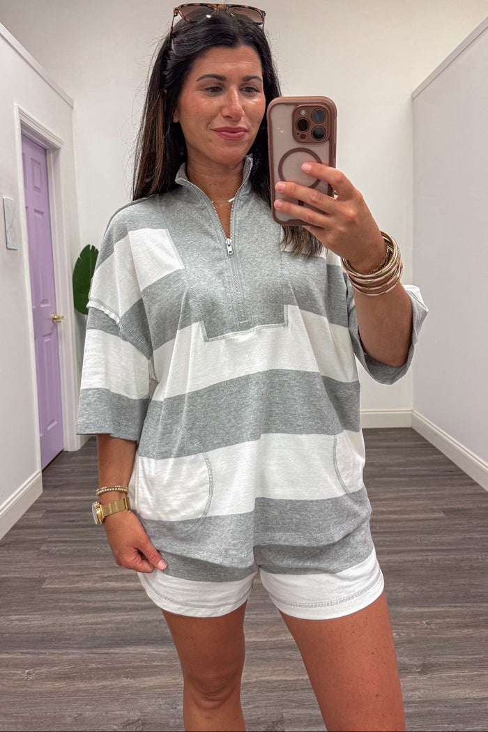 heather grey and white striped quarter zip mock neck short sleeve knit top