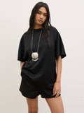 Breya Boxy Satin T-Shirt - Black