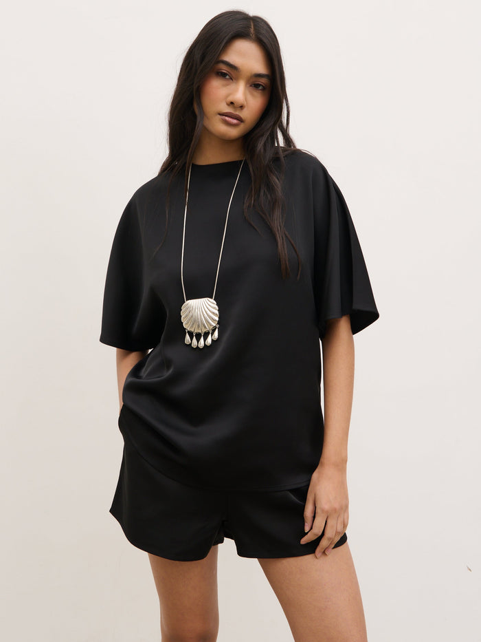 Breya Boxy Satin T-Shirt - Black