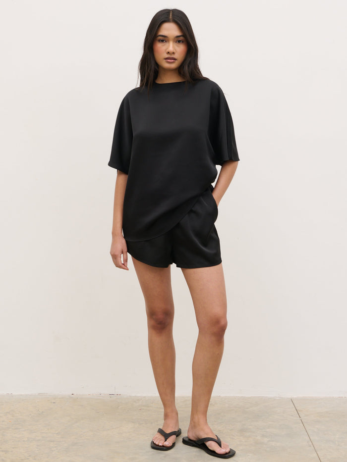 Breya Boxy Satin T-Shirt - Black