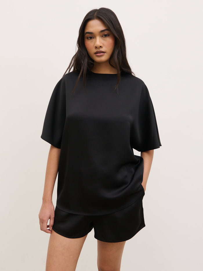 Breya Boxy Satin T-Shirt - Black