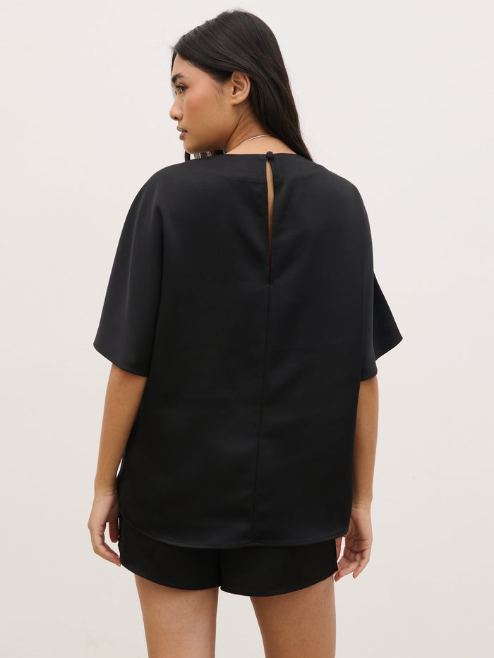 Breya Boxy Satin T-Shirt - Black