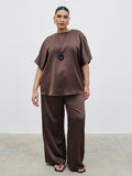 Souki Is 5'8" & Wears Size UK 18|Breya Boxy Satin T-Shirt Curve - Chocolate Brown