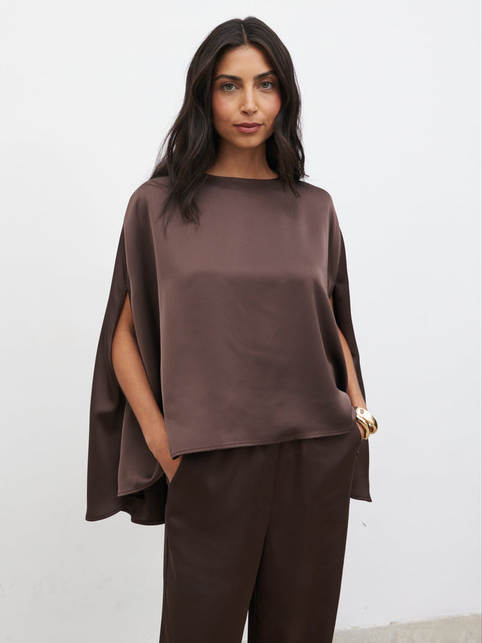 Lygia Is 5'9" & Wears Size UK XS-S|Breya Cape Floaty Satin Top - Chocolate Brown