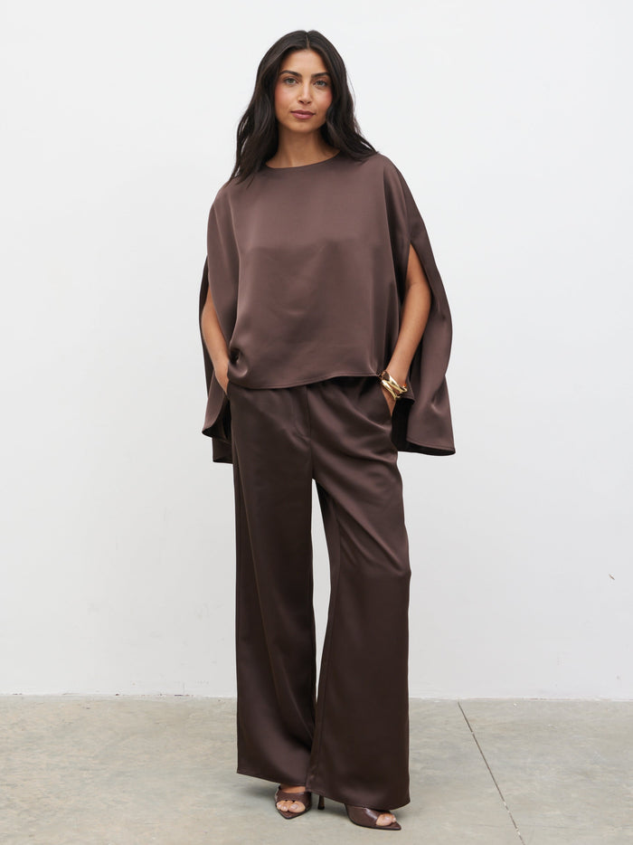 Lygia Is 5'9" & Wears Size UK XS-S|Breya Cape Floaty Satin Top - Chocolate Brown