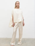 Honor is 5'4" & Wears Size UK XS-S|Breya Cape Floaty Satin Top - Oyster