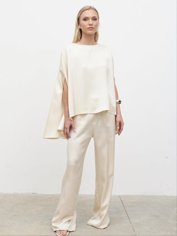 Honor is 5'4" & Wears Size UK XS-S|Breya Cape Floaty Satin Top - Oyster