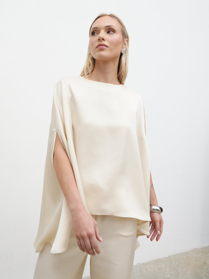 Honor is 5'4" & Wears Size UK XS-S|Breya Cape Floaty Satin Top - Oyster
