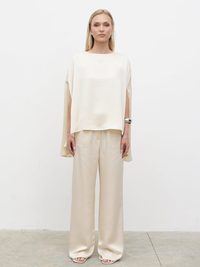 Honor is 5'4" & Wears Size UK XS-S|Breya Cape Floaty Satin Top - Oyster