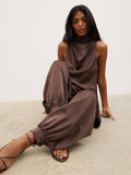Kavita is 5'7" & Wears Size UK 6|Breya Cowl Racer Top - Chocolate Brown