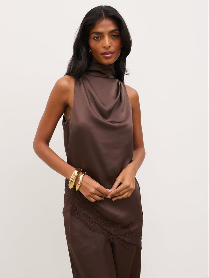 Kavita is 5'7" & Wears Size UK 6|Breya Cowl Racer Top - Chocolate Brown