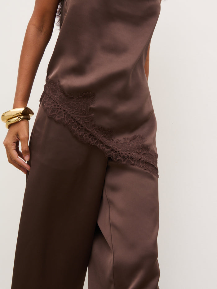Kavita is 5'7" & Wears Size UK 6|Breya Cowl Racer Top - Chocolate Brown