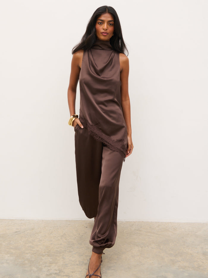 Kavita is 5'7" & Wears Size UK 6|Breya Cowl Racer Top - Chocolate Brown