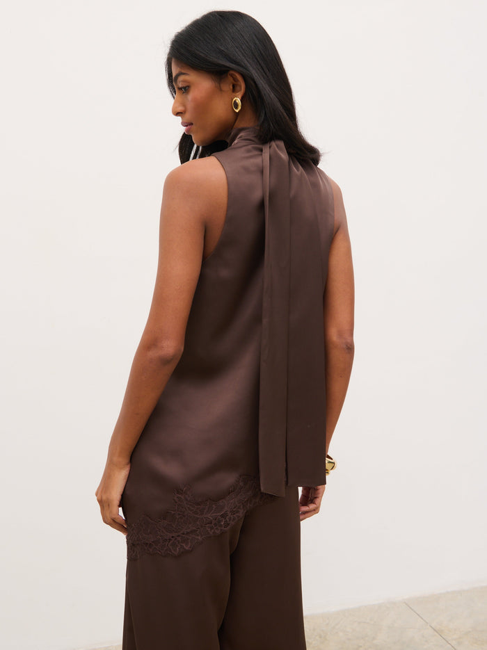 Kavita is 5'7" & Wears Size UK 6|Breya Cowl Racer Top - Chocolate Brown