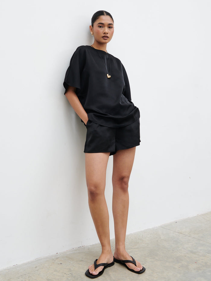 Candy Is 5'6" & Wears Size UK 8|Breya Satin Drawstring Shorts - Black