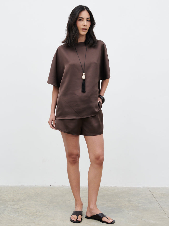 Veronica is 5'8" & Wears Size UK 6|Breya Satin Drawstring Shorts - Chocolate Brown