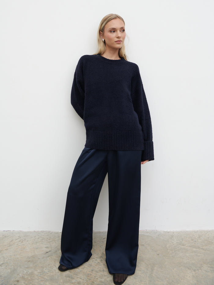 Honor is 5'4" & Wears Size UK 8|Breya Satin Drawstring Trousers - Navy
