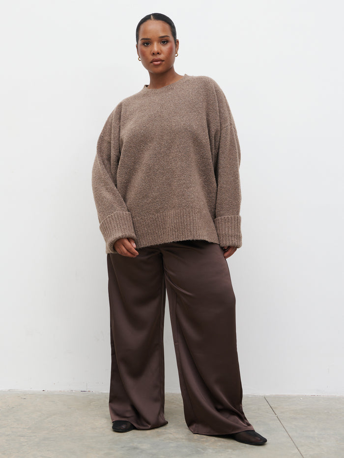 Souki Is 5'8" & Wears Size UK 18|Breya Satin Drawstring Trousers Curve - Chocolate Brown