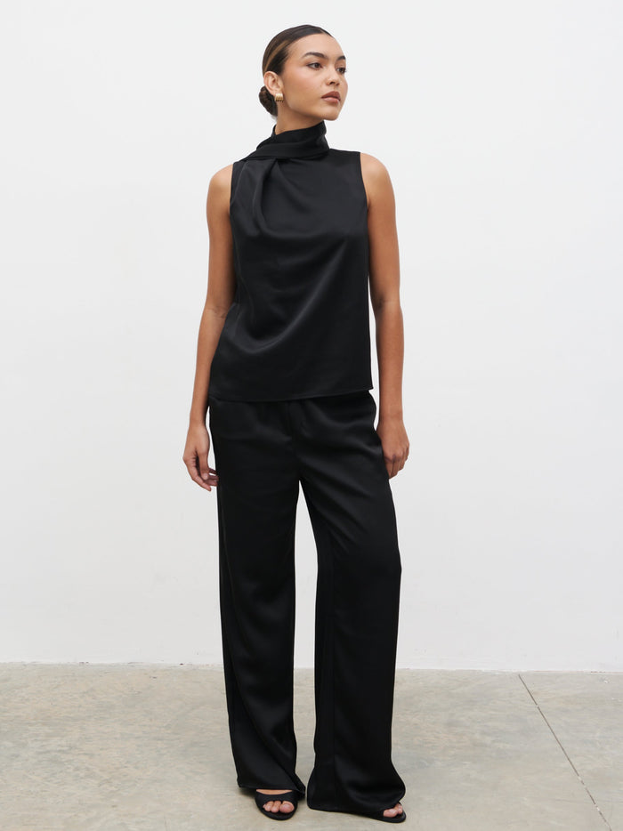 Lana is 5.9.5" & Wears Size UK 8|Breya Scarf Satin Top - Black