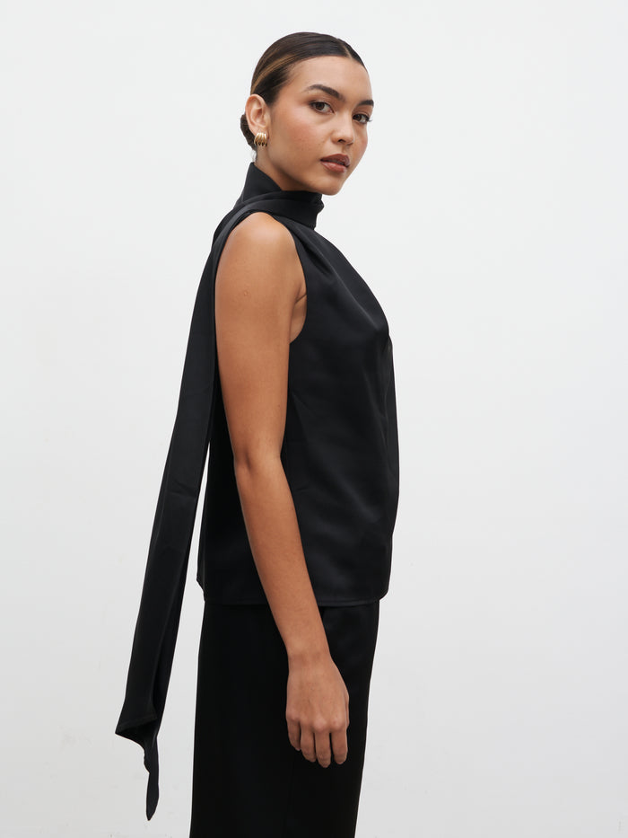 Lana is 5.9.5" & Wears Size UK 8|Breya Scarf Satin Top - Black