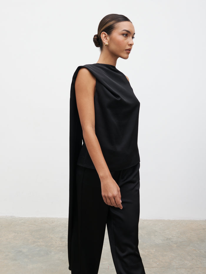 Lana is 5.9.5" & Wears Size UK 8|Breya Scarf Satin Top - Black
