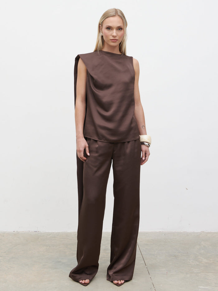 Honor is 5'4" & Wears Size UK 8|Breya Scarf Satin Top - Chocolate Brown