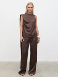 Honor is 5'4" & Wears Size UK 8|Breya Scarf Satin Top - Chocolate Brown