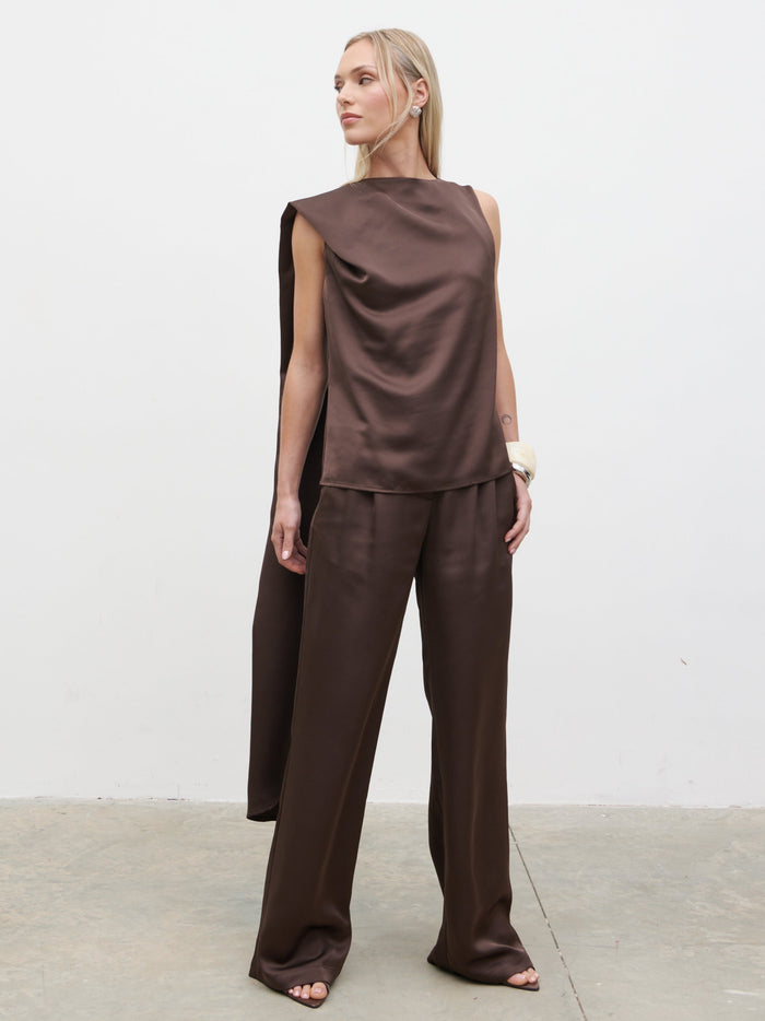 Honor is 5'4" & Wears Size UK 8|Breya Scarf Satin Top - Chocolate Brown