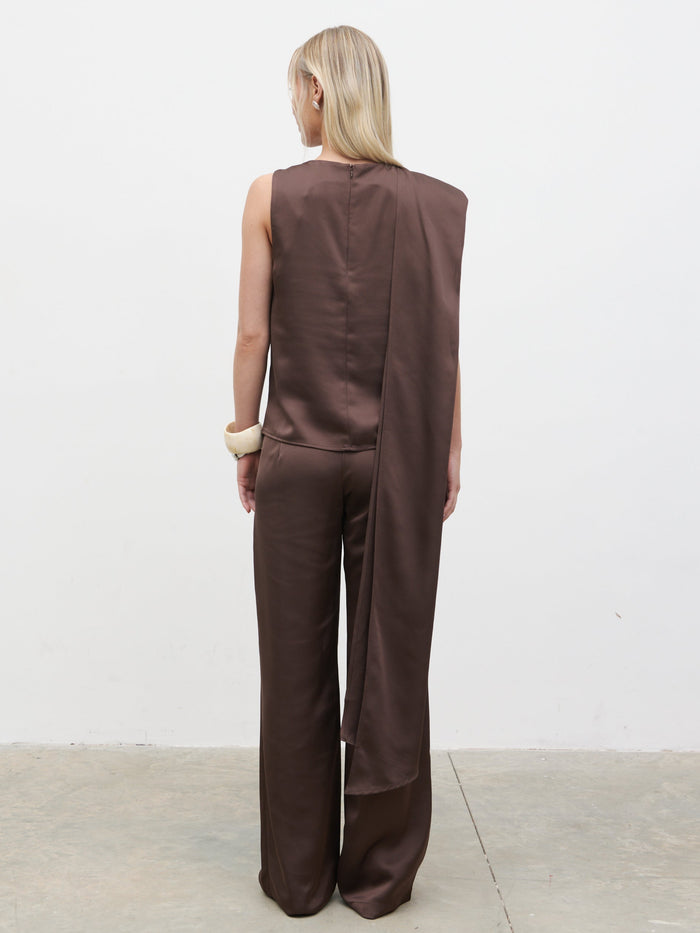 Honor is 5'4" & Wears Size UK 8|Breya Scarf Satin Top - Chocolate Brown