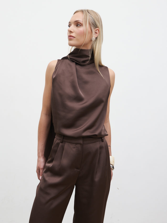 Honor is 5'4" & Wears Size UK 8|Breya Scarf Satin Top - Chocolate Brown