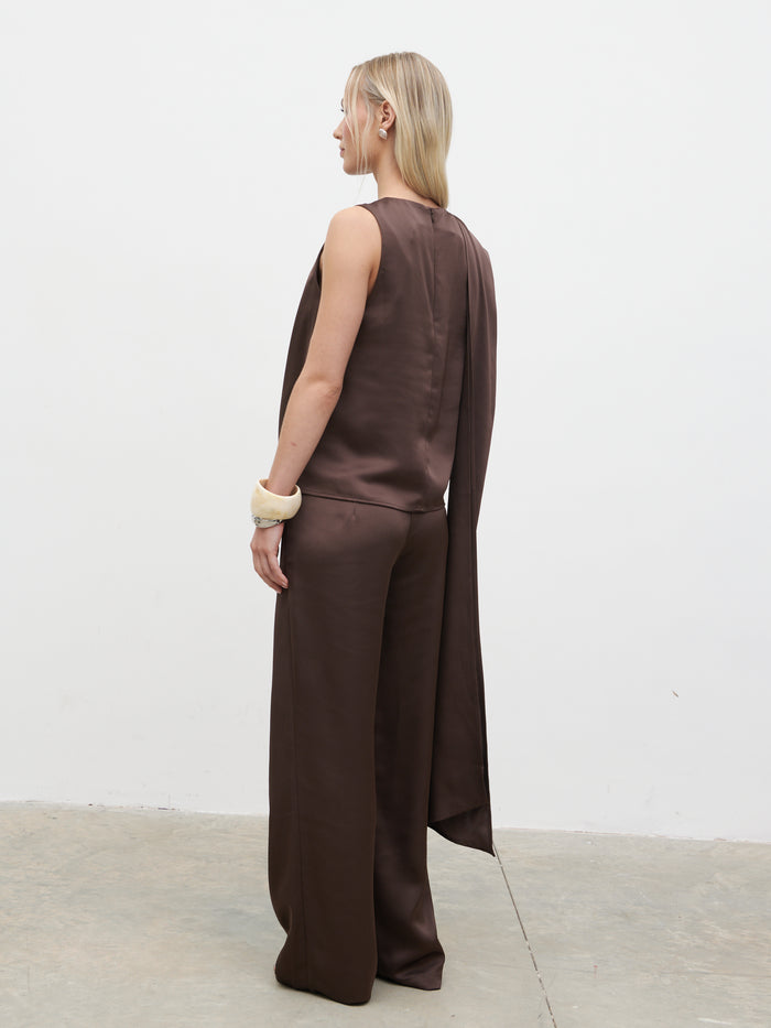 Honor is 5'4" & Wears Size UK 8|Breya Scarf Satin Top - Chocolate Brown