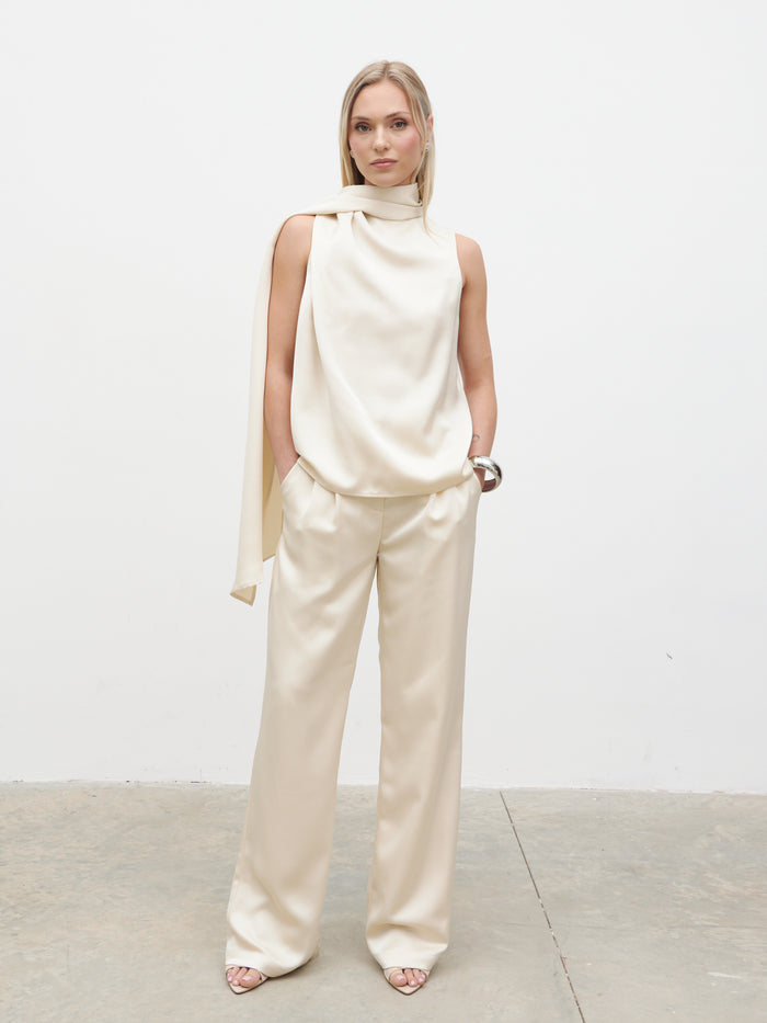 Honor is 5'4" & Wears Size UK 8|Breya Scarf Satin Top - Oyster
